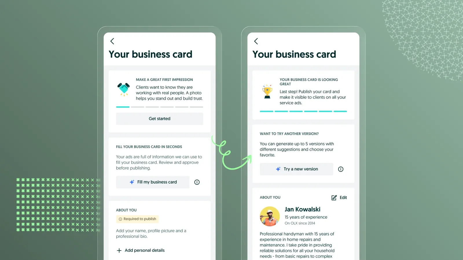Two phone screens of OLX's Business Card side by side: the empty starting state with a "Fill my business card" action, and the AI-generated draft ready to publish, on a green background.