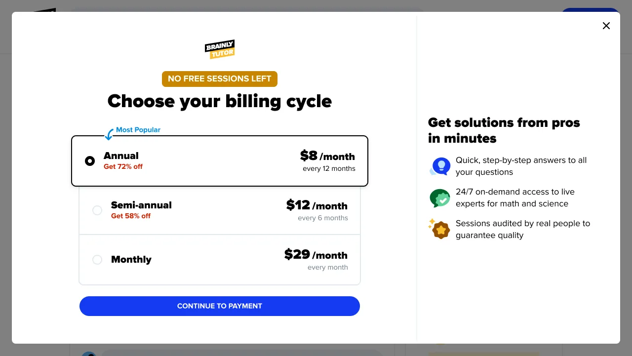 Web: the screen for a logged-in user with no free sessions left, showing the billing plans.