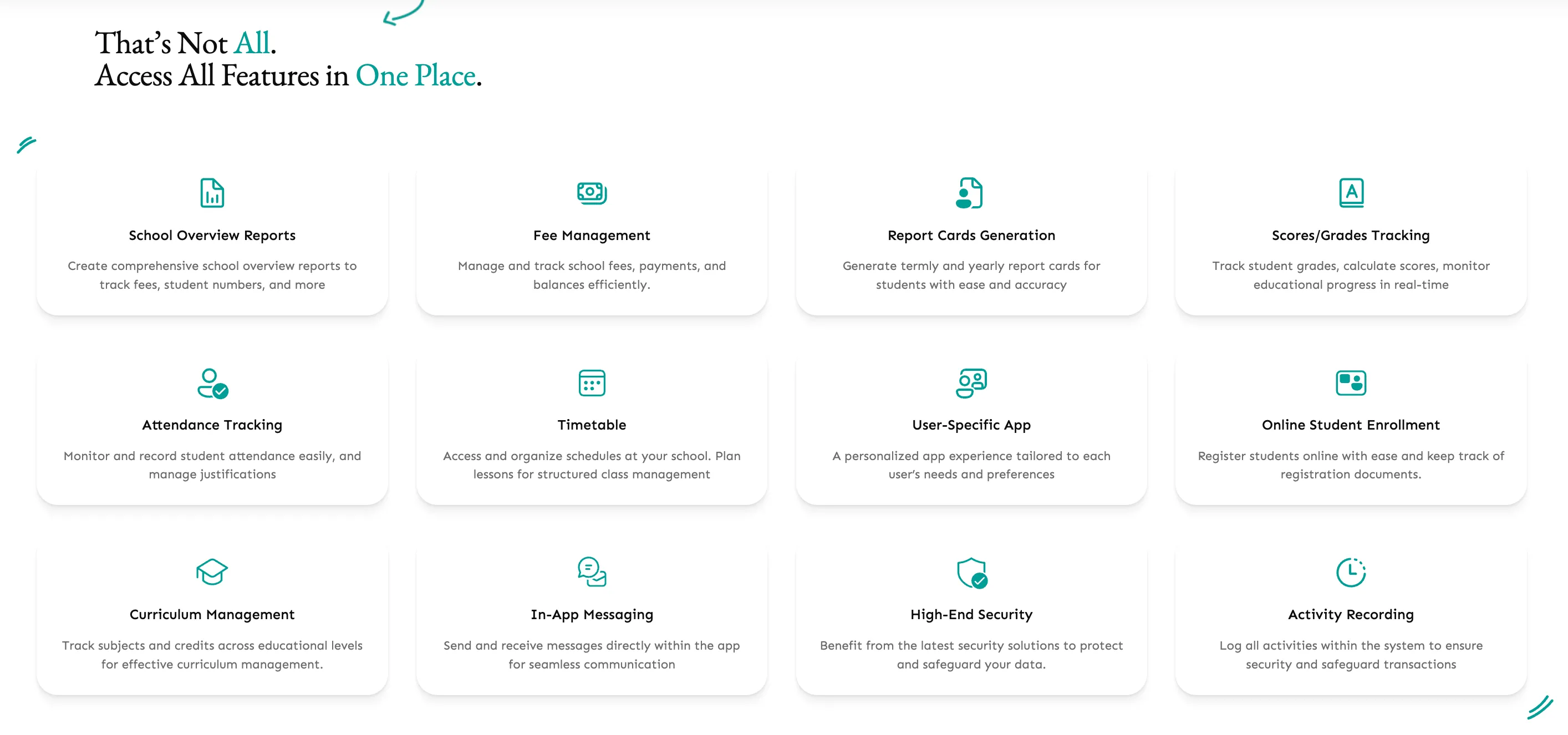 AcademIQ’s full feature set, from fee management and report cards to attendance tracking and in-app messaging, unified in one place.