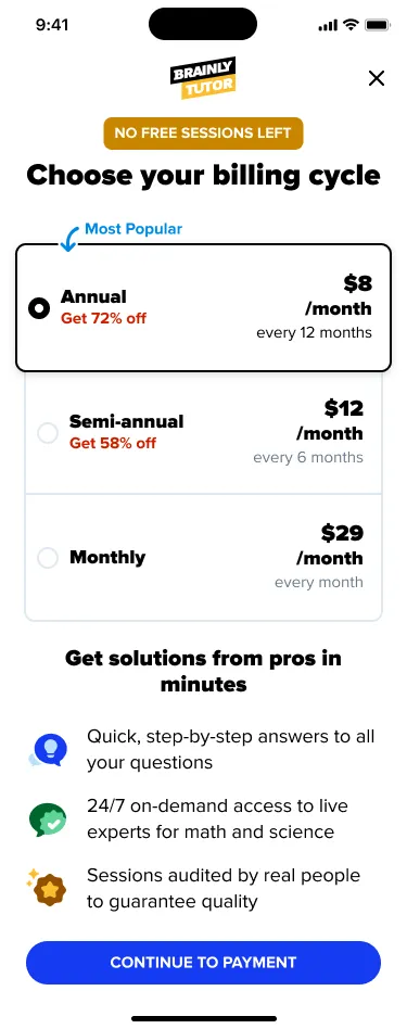Mobile: the billing-cycle screen shown when no free sessions are left.