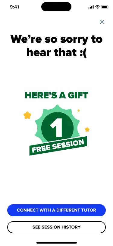 Mobile: the apology screen after a low rating with a free-session gift.