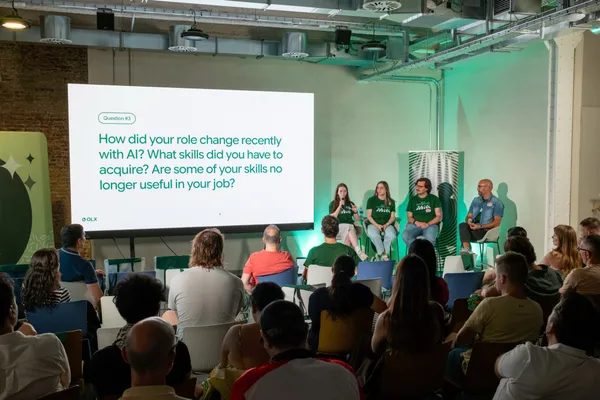Julia on a panel discussing AI's impact on product design at OLX's Masterclass Product Design event in Barcelona.